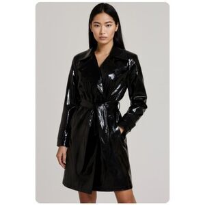 Vintage 90s WD.NY Black 100% Patent Leather Trench Coat Womens Line with Belt 8